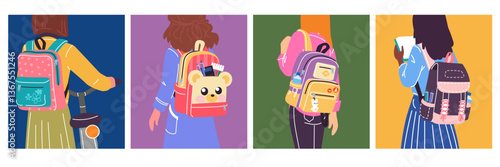School backpack bag. Student back, child with colorful luggage. Campus style. Rear view person, lifestyle education. Doodle design baggage for kids. Vector cartoon flat style isolated illustration