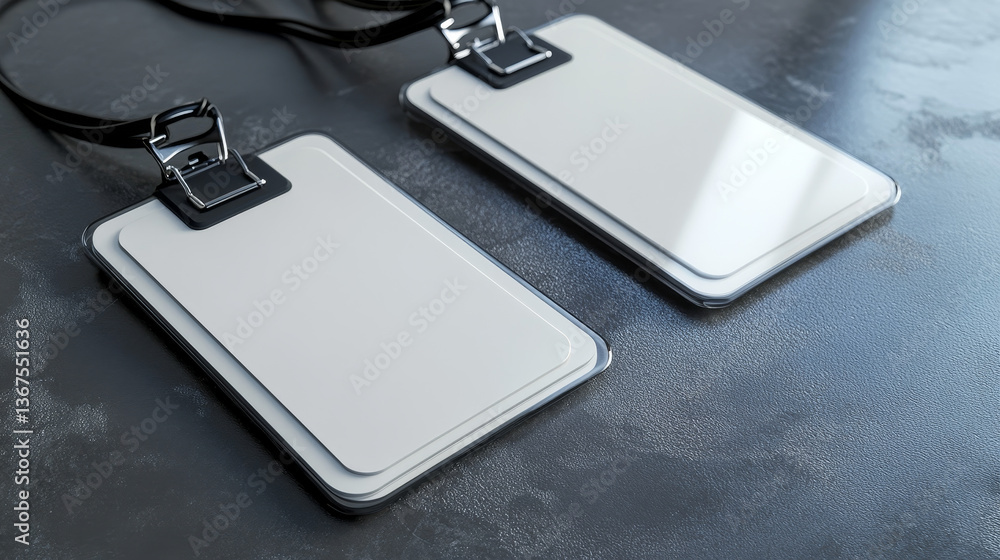 Set of Employees Identification White Blank Plastic Id Cards with Clasp and Lanyards Isolated Set of Employees Identification White Blank Plastic Id Cards with Clasp and Lanyards Isolated