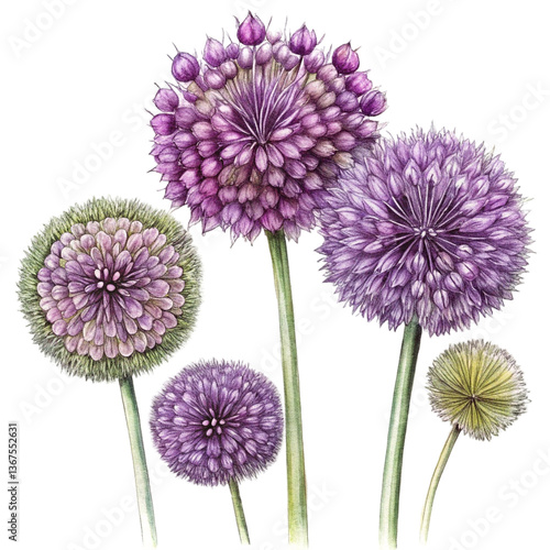 Title: Unique allium flowers with spherical purple blooms standing tall in the garden  
