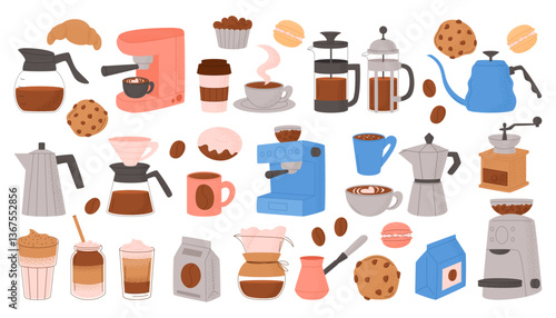 Coffee set. Cafe bean machine. Sweet food, hot arabica drinks in kitchen. Pastry dessert, cup of beverage. Icon coffeehouse, croissant from bakery, latte with milk. Vector flat garish illustration