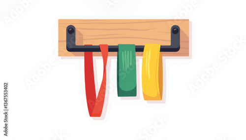 Colorful resistance bands neatly hung on geometric wall rack, fitness motivation
