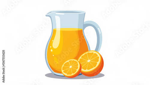 Bright orange juice pitcher with halved oranges, summer refreshment