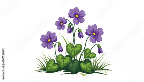 Cluster of wild violets blooming with green leaves, nature's beauty