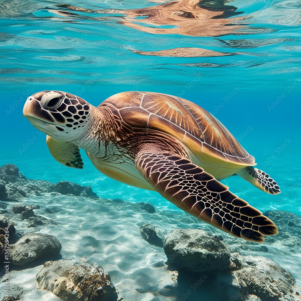 Fototapeta premium Sea turtle gliding through crystal-clear turquoise ocean waters 