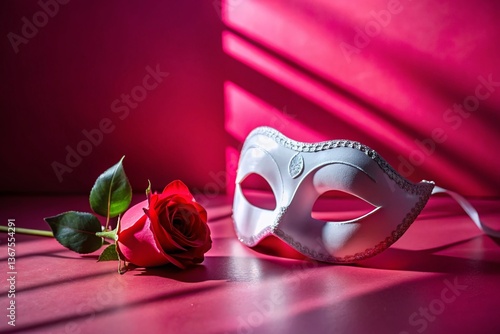 Elegant White Mask, Red Rose & Sunlight Shadow: Minimal Pink Abstract Background