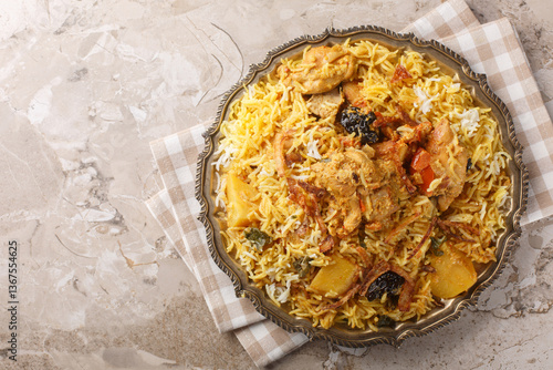 Obraz na płótnie Delicious chicken pilaf with basmati, potatoes, tomatoes, onions and prunes close-up in a plate on the table. Horizontal top view from above w salonie