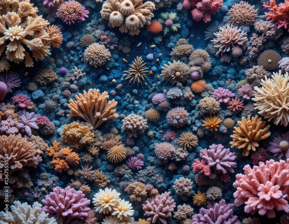 Fototapeta premium Top view of a coral reef with lots of colorful corals and small fish. The vibrant coral colors and deep blue background create a spectacular underwater landscape.