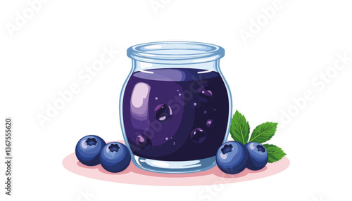 Vibrant glass jar of blueberry jam with fresh berries, delicious treat