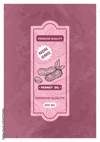 Flaxseed oil label design. Peanut sketch. Natural food. Organic seeds. Vegetarian product. Nutty butter packaging badge. Healthy vegan protein. Premium quality. Vector advertising sticker template