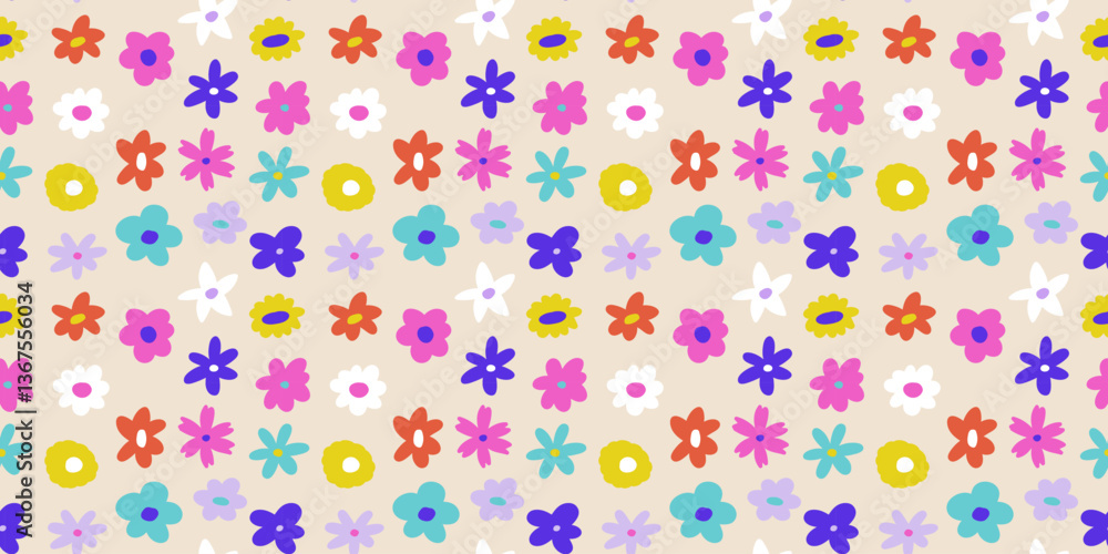 Doodle flowers seamless background. Summer colorful pattern with cute little floral shapes Doodle flowers seamless background. Summer colorful pattern with cute little floral shapes