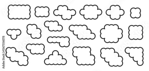 Trendy geometric cloud icon collection. Outline fluffy and puffy clouds. Simple cloudy shapes set
