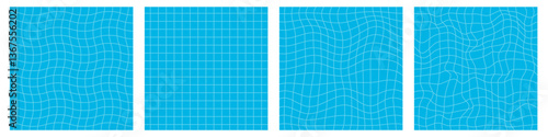 Blue summer background set of swimming pool textures. Underwater tile surface wavy distorted lines