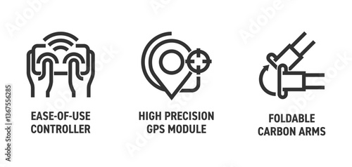 Drone icons set - High precision GPS, Foldable carbon arms, Easy-of-use controller