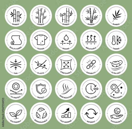 Set icons for  bamboo fabric, clothing. This icons shows main benefits of bamboo materials. Vector elements are good for different backgrounds, well scalable and editable. EPS10.