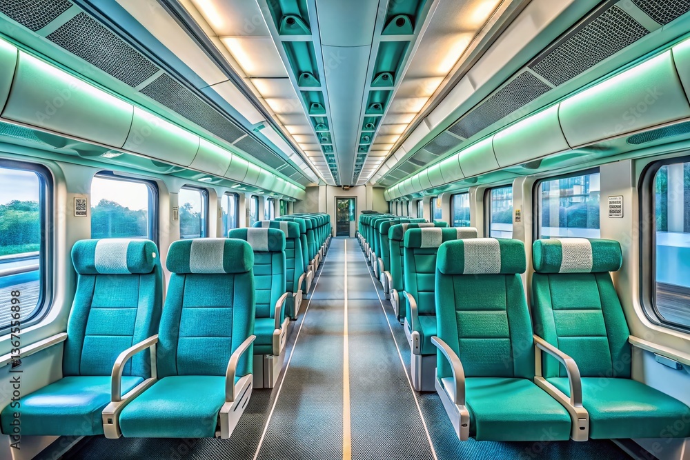 Obraz premium Empty Modern Train Cabin Interior: Blue-Green Seats, Wide Aisle, Corridor View