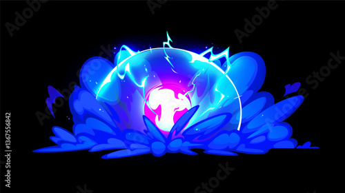 Speed effect. Glowing explosion epicenter. Lightning energy. Fume clouds. Power blast. Neon spark. Sphere light. Nuclear boom flash. Shiny magic thunderbolt. Electrical burst core. Vector bomb explode