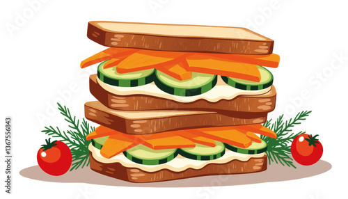 Vibrant vegetable sandwich with whole-grain bread, healthy eating