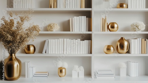 Elegant Bookshelf with Gold Accents and Neutral Tones  ,Modern Interior, Minimalis. Zoom Virtual Background. Virtual Meeting. Cozy Interior Backdrop, Stylish Living Room Design. Contemporary Spaces