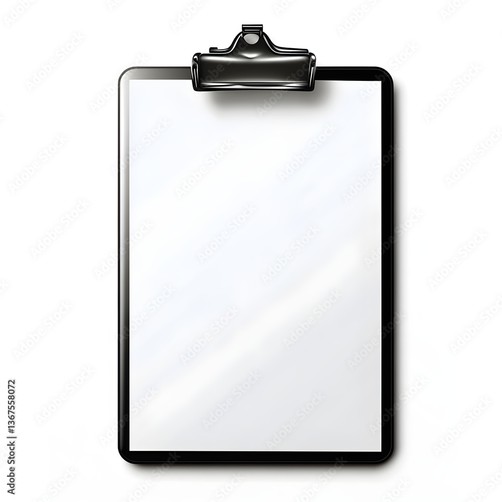 Black clipboard holding blank white paper on white background Black clipboard holding blank white paper on white background