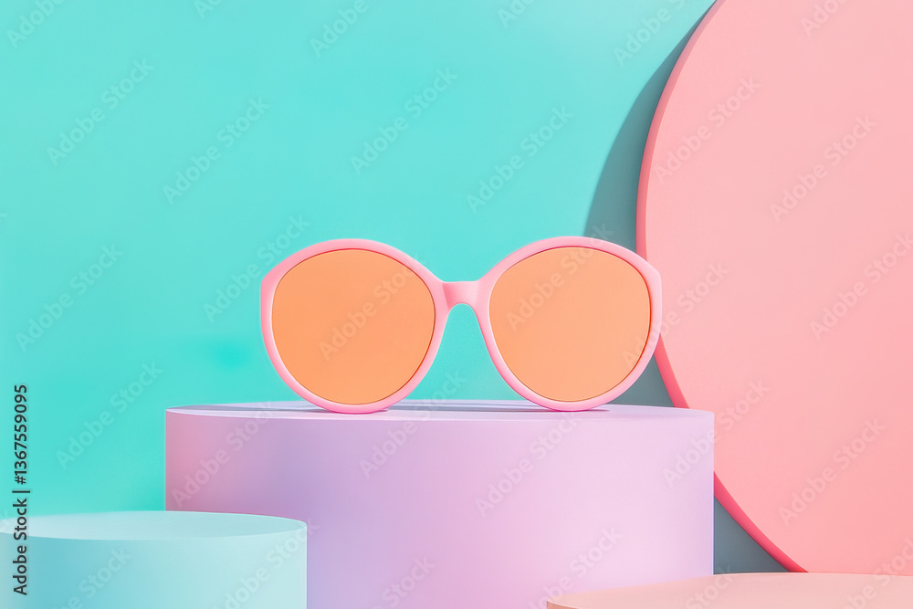 Stylish pink sunglasses on pastel geometric display with vibrant background Stylish pink sunglasses on pastel geometric display with vibrant background