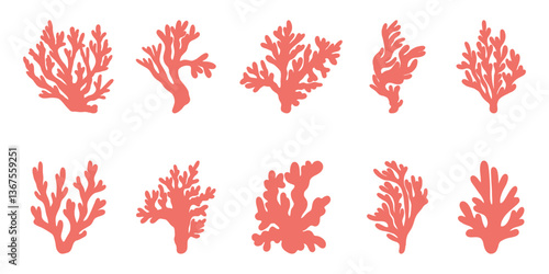 Set of flat coral reef vectors. Abstract organic shape, underwater plant, Matisse element, cute sea drawing. Cartoon sea floral set isolated on white background.