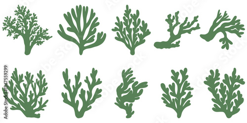Set of flat coral reef vectors. Abstract organic shape, underwater plant, Matisse element, cute sea drawing. Cartoon sea floral set isolated on white background.