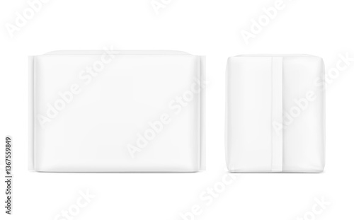 Packaging bag mockup. Front and side views. Vector illustration isolated on white background. Ready for your design. Suite for the presentation of pads, diaper, wipes, etc. EPS10.