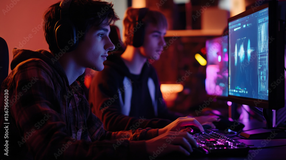Fototapeta premium Two friends are fully engaged in a multiplayer gaming session at home, using high-tech equipment. The room is dimly lit, creating a vibrant gaming atmosphere as they communicate and strategize.