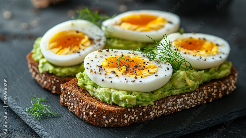 Delicious avocado toast topped with eggs and herbs Delicious avocado toast topped with eggs and herbs