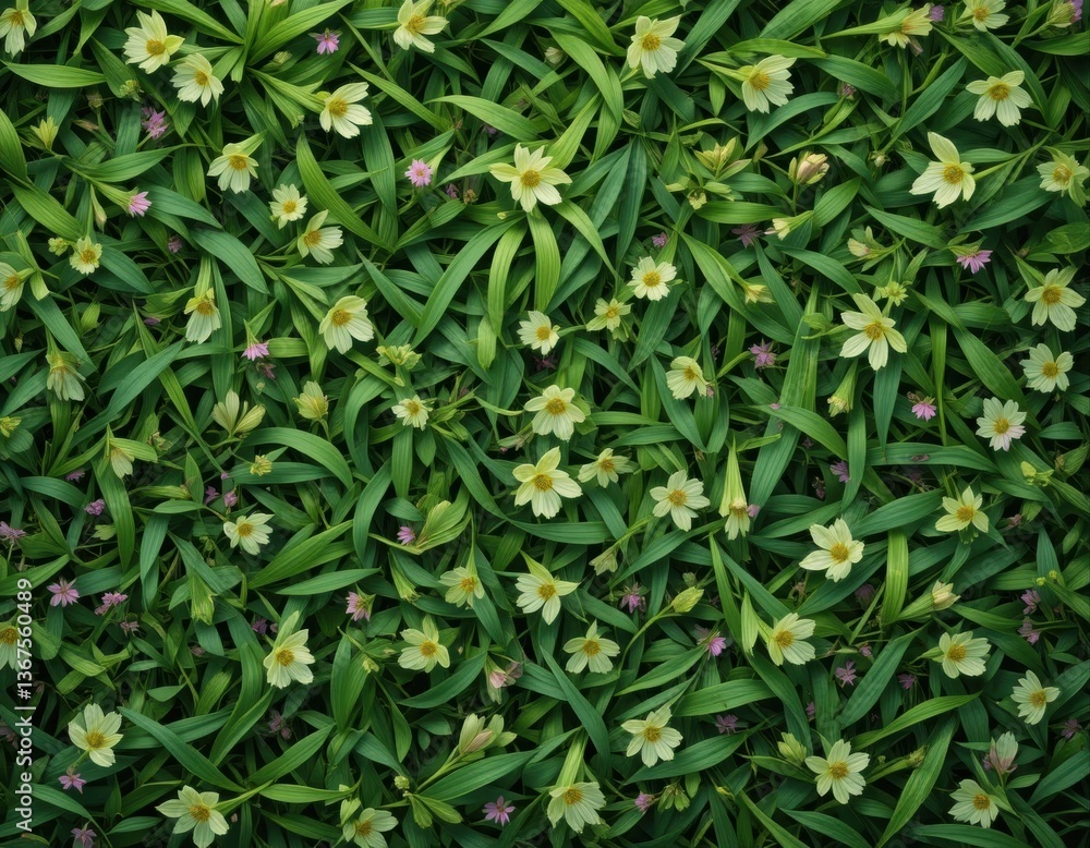 The background is a dense cover of elongated green leaves, among which small white and yellow flowers resembling daisies are evenly scattered. The stage radiates spring warmth and freshness. The background is a dense cover of elongated green leaves, among which small white and yellow flowers resembling daisies are evenly scattered. The stage radiates spring warmth and freshness.