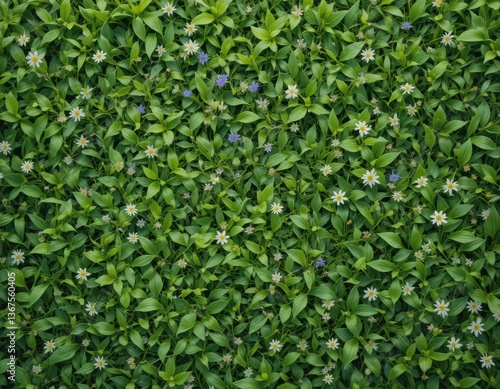 Wallpaper Mural The background is a dense cover of elongated green leaves, among which small white and yellow flowers resembling daisies are evenly scattered. The stage radiates spring warmth and freshness. Torontodigital.ca