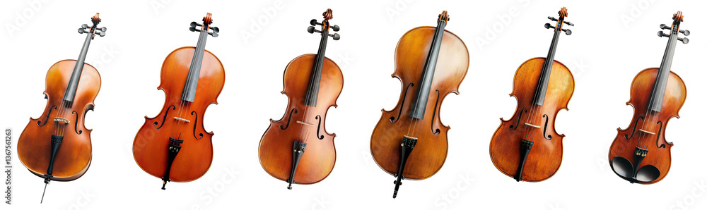 Fototapeta premium Variety of elegant cellos and violins displayed from flat lay view isolated on transparent background