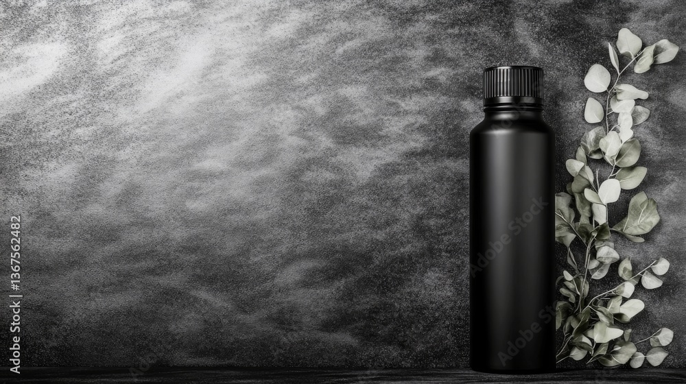 Fototapeta premium Tall Black Cylindrical Bottle with Leaves on a Textured Grayscale Surface