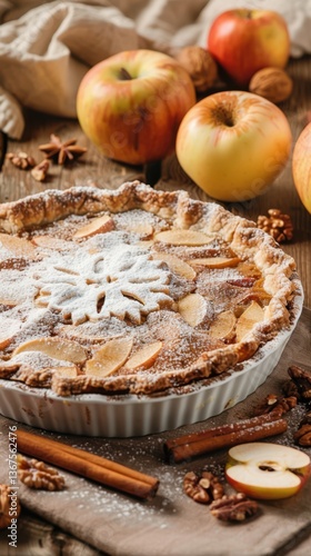 Delicious homemade apple pie prepared with fresh apples and spices on a rustic wooden table