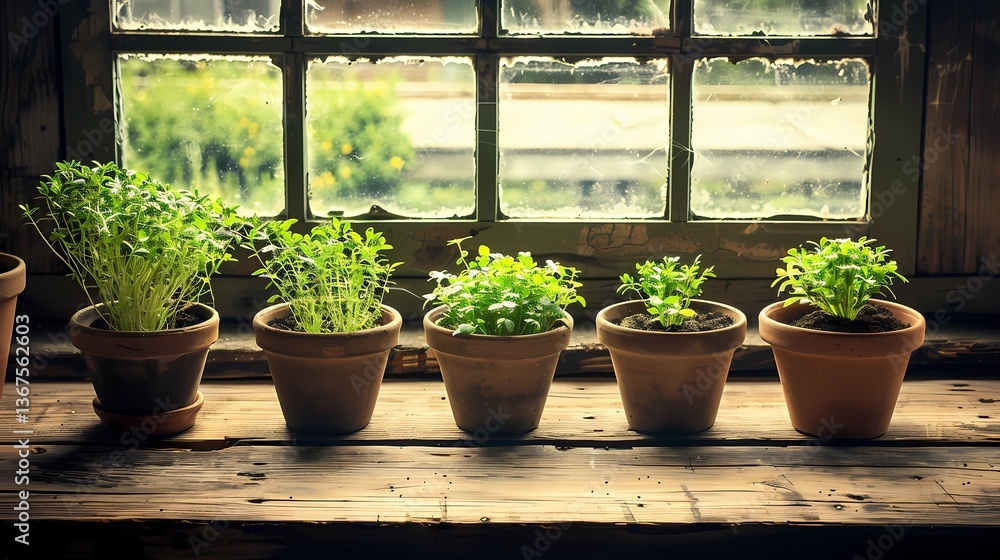 Fresh herbs growing in small pots by a sunlit window in a cozy indoor garden setting Generative AI Fresh herbs growing in small pots by a sunlit window in a cozy indoor garden setting Generative AI