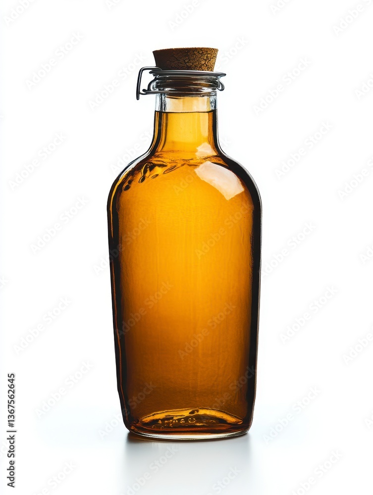 Amber Liquid in Glass Bottle with Cork Top on White Background Amber Liquid in Glass Bottle with Cork Top on White Background