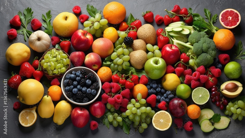 A high-angle, full shot of various foods arranged on a gray stone surface. A high-angle, full shot of various foods arranged on a gray stone surface.