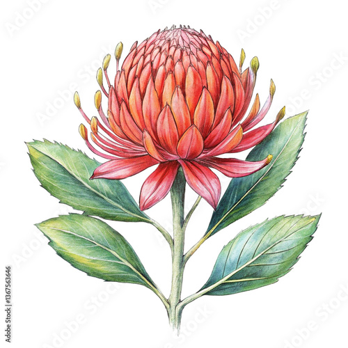 Title: Bold waratah flowers with large red spiky blooms and intricate petal structure  
