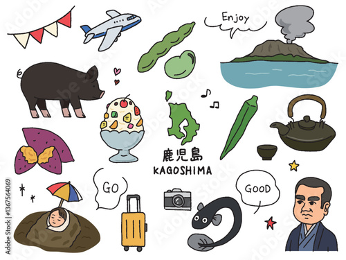鹿児島の手描きイラストセット