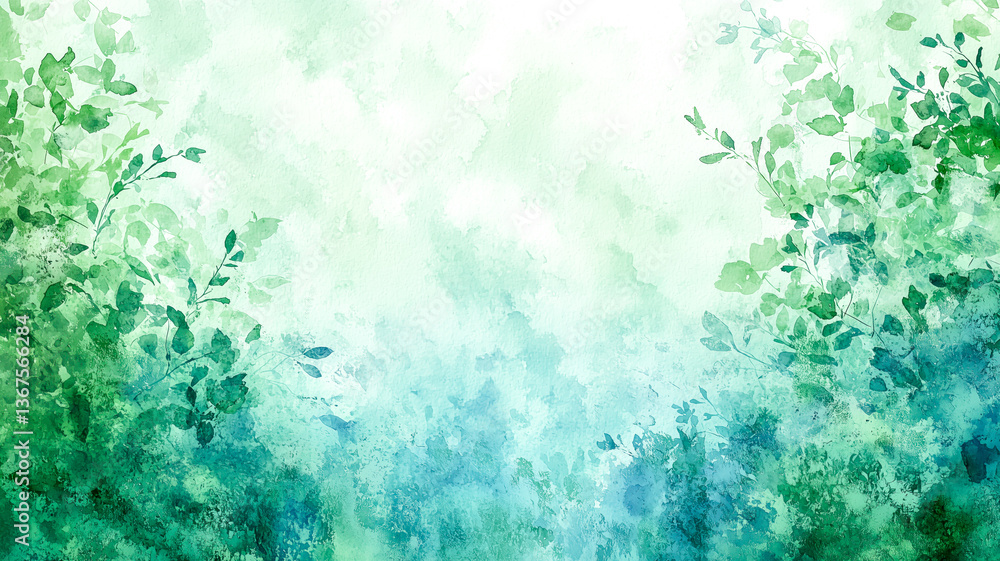 Fototapeta premium Lush green foliage and watercolor blend create a refreshing and natural atmosphere, perfect for adding a touch of nature to your space.