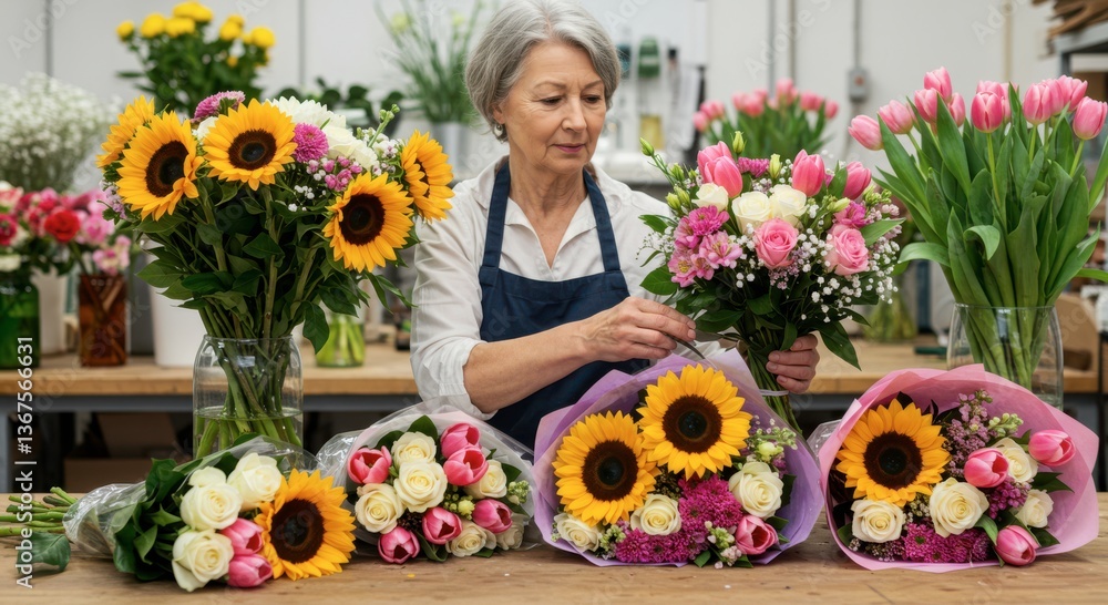 Senior Florist Arranging Beautiful Flower Bouquets in Her Shop Senior Florist Arranging Beautiful Flower Bouquets in Her Shop