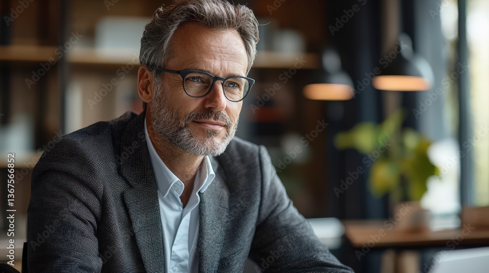 Fototapeta premium Businessman in a suit sits in office and works looking stock trading financial planning and investment visuals