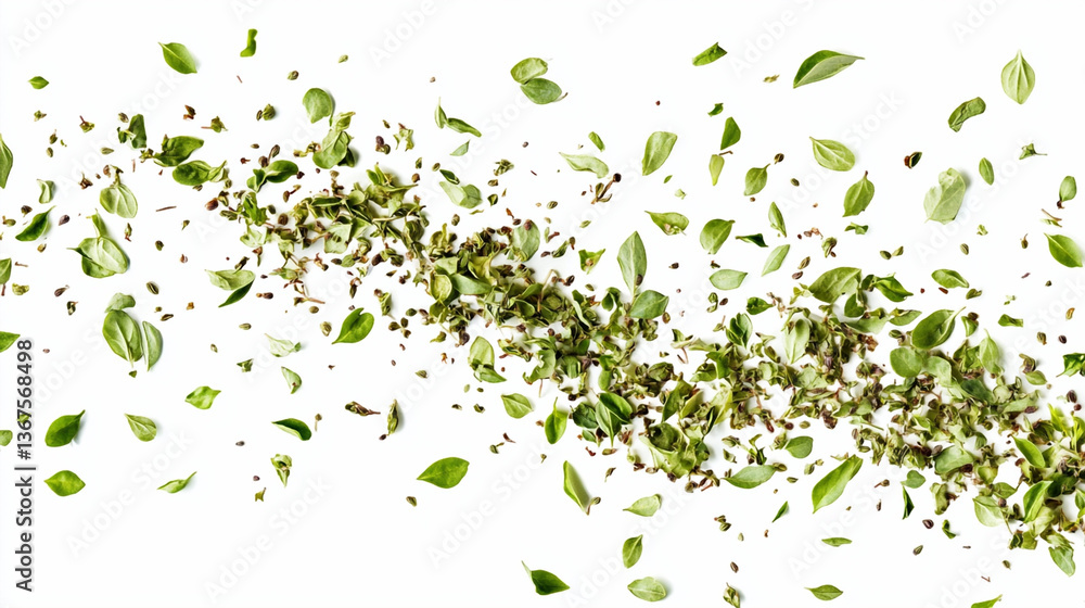 dry and chopped oregano herbs falling down on white background.ai generative dry and chopped oregano herbs falling down on white background.ai generative