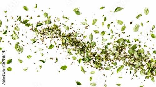 dry and chopped oregano herbs falling down on white background.ai generative