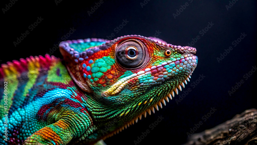 Obraz premium A vibrant chameleon stands in front of a rainbow light, showcasing its colorful skin against a bright, multicolored backdrop
