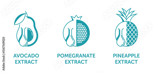 Pomegranate, Pineapple, Avocado extract. Icons set in monochrome style