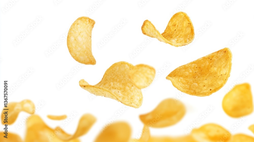 Crispy Potato Chips Floating Against White Background for Snack Advertising Crispy Potato Chips Floating Against White Background for Snack Advertising