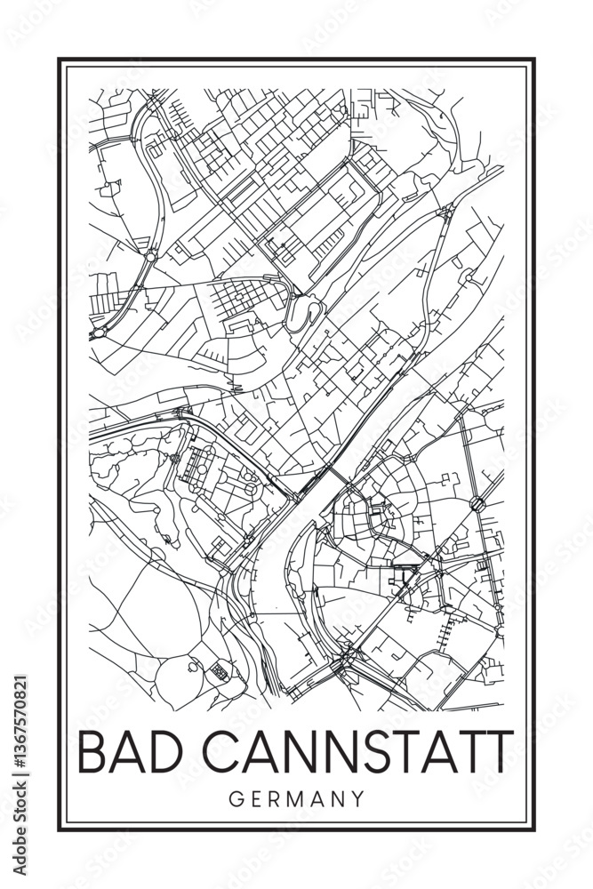 Obraz premium Hand drawn printable downtown road map poster of borough BAD CANNSTATT of the German city of STUTTGART on solid white background with city name
