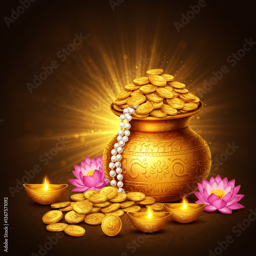 Glowing Pot of Gold Coins with Pearl Necklace and Lotus for Akshaya Tritiya