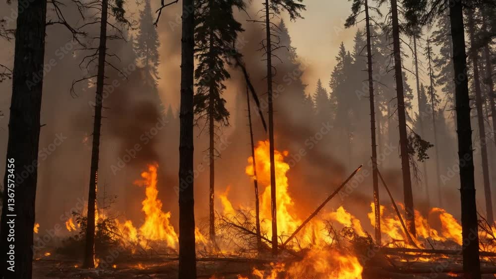 Dramatic view of a raging forest fire consuming trees with thick smoke and intense flames
Dramatic view of a raging forest fire consuming trees with thick smoke and intense flames